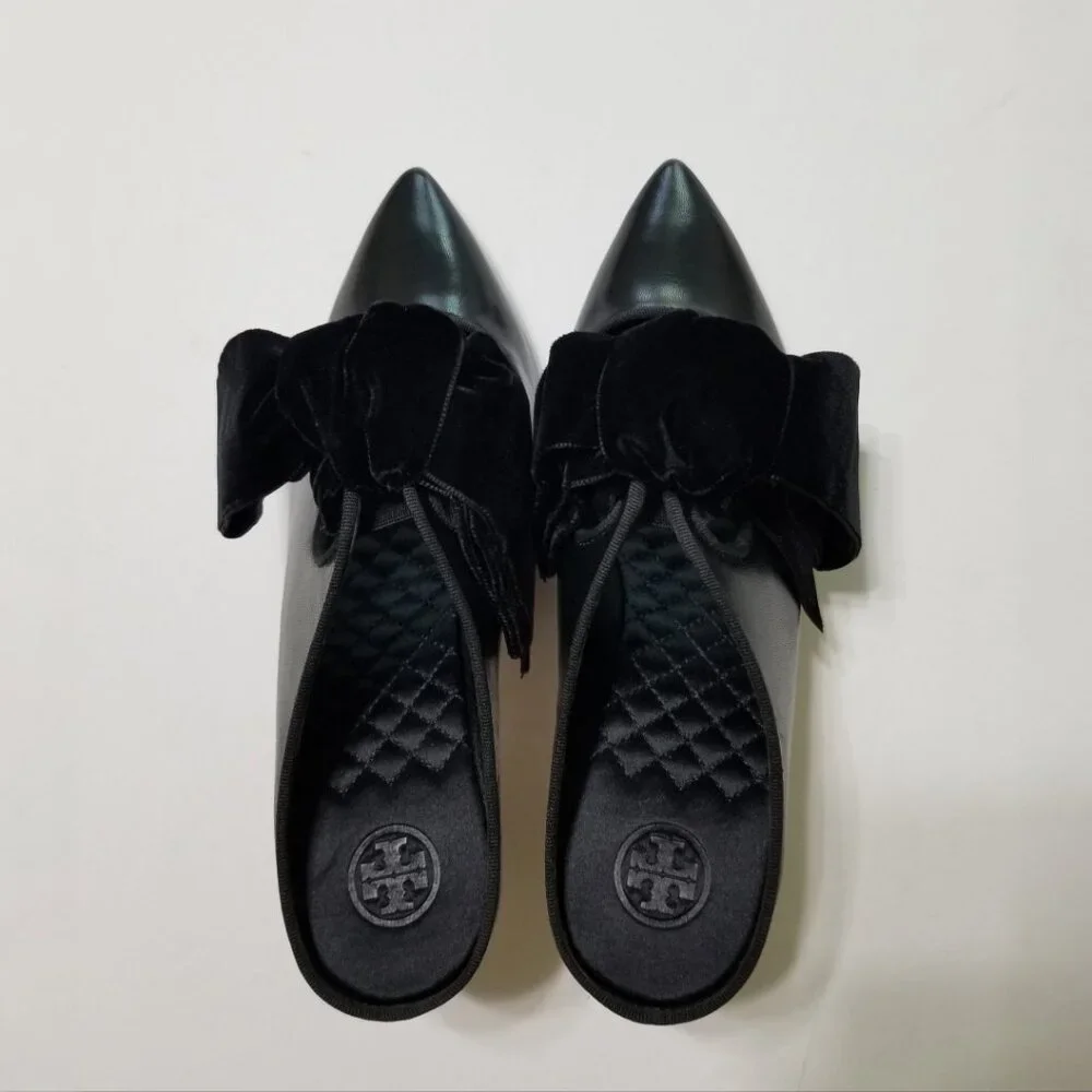 NWOB Tory Burch Clara Leather Mule w. Velvet Bow, Pointed Toe, Perfect‎ Black